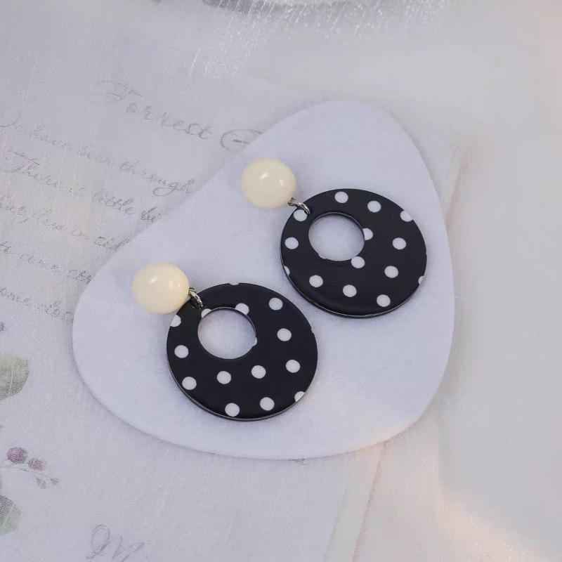 Retro HK Style Black & White Polka Dot Oval Floral Earrings