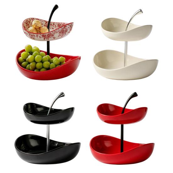 Double Layer Fruit Plate Multi-Layer Ceramic Fruit Bowl with Metal Stand Dishwasher Safe Corner Kitchen Countertop Organizer for Fruits Snacks Cakes