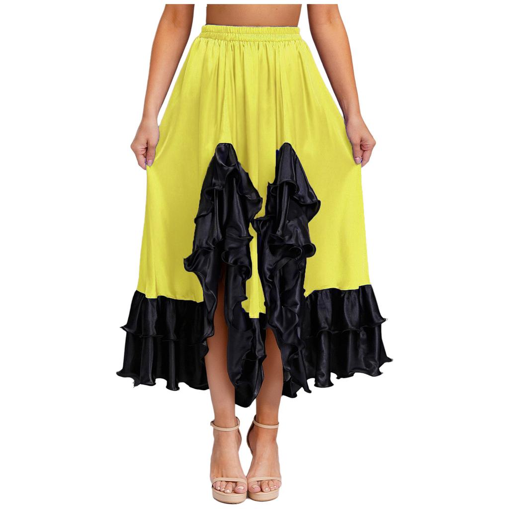 Ladies Spanish Dance Skirt Flamenco Style Ruffled Trim Irregular Hem Satin Elastic Waist Big Swing Skirt