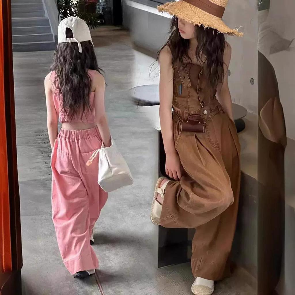 Girls Summer Solid Color Personality Denim Suit Middle and Large Children Single-breasted Short Suspenders + Straight Pants Casual Two-piece Set