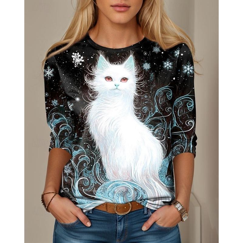 Women's T-shirt Casual Long Sleeve Tops Animal Cat Graphic Tees Shirt Blouse O-neck Fall Winter Streetwear Style Y2K Pullover