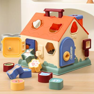 Dětská kognitivní vývojová hračka Multifunkční přiřazování tvarů Barevné kostky, Domeček na hraní s dveřmi a okny, Ideální dárek pro nejmenší,