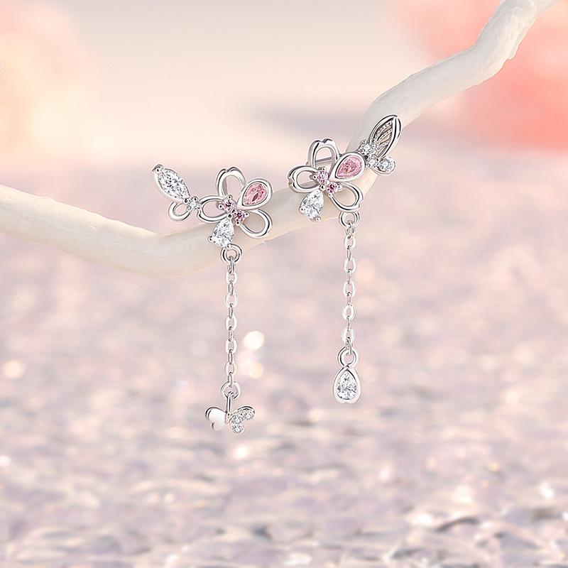 Elegant S925 Sterling Silver Cherry Blossom Butterfly Dangle Earrings for Women - Delicate Long Tassel Flower Design.