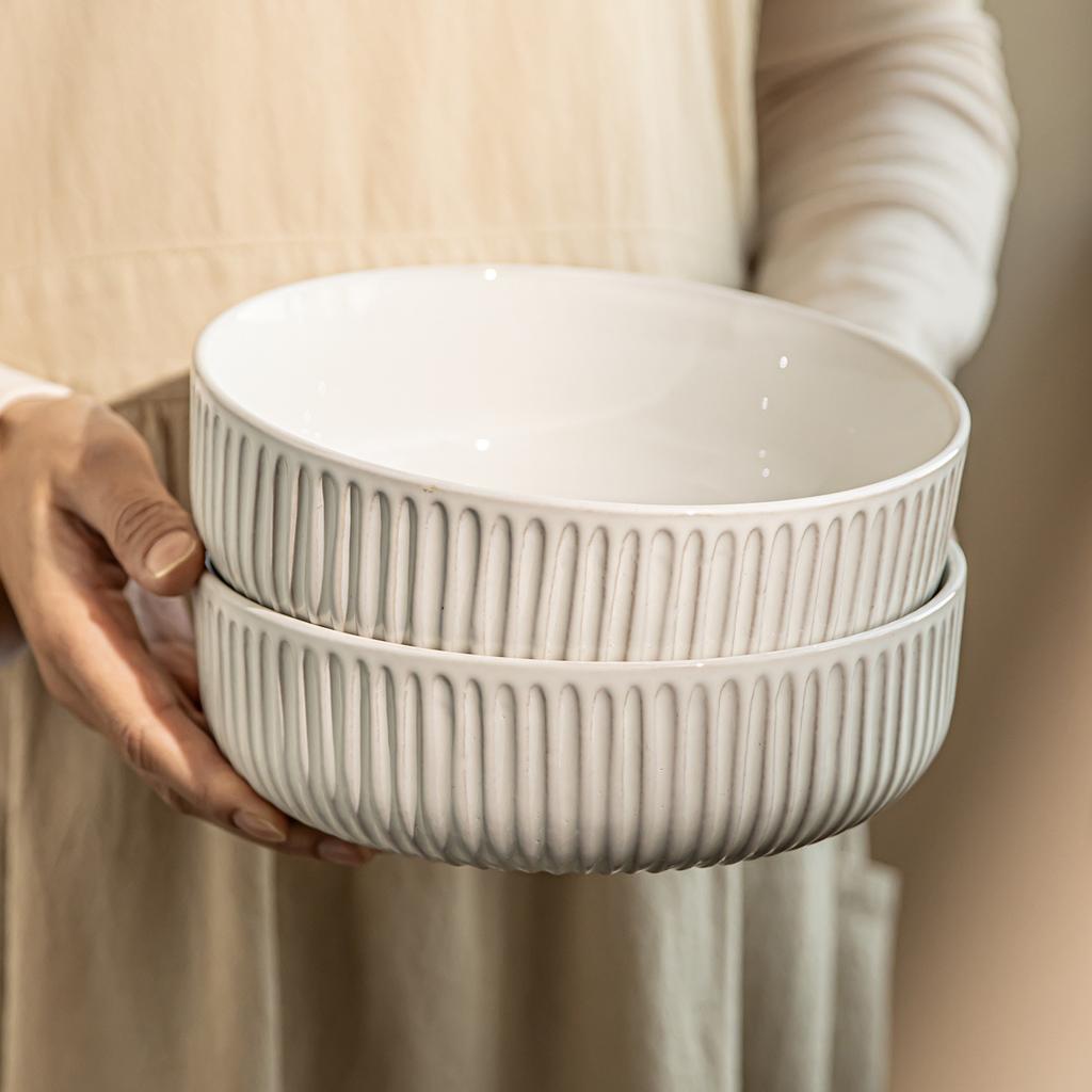 Minimalist Style White Vertical Pattern Ceramic Household Bowl Soup Bowl Round Vegetable Bowl Noodle Bowl Restaurant Commercial Tableware