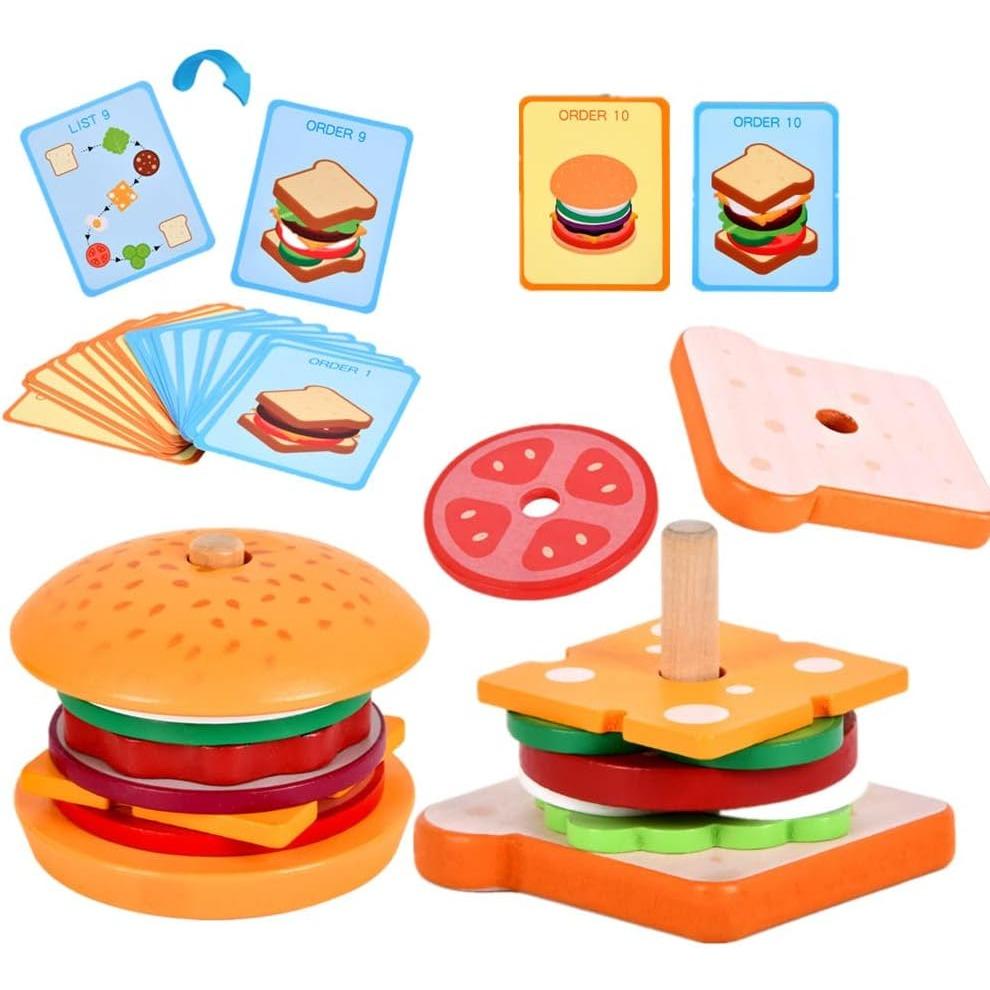Montessori Toys, Wooden Burger Sandwich Sorting and Stacking for Toddlers, Preschool, Burger Sand Switch, Wooden Preschool, 4/5 Years Old (2 Sets)