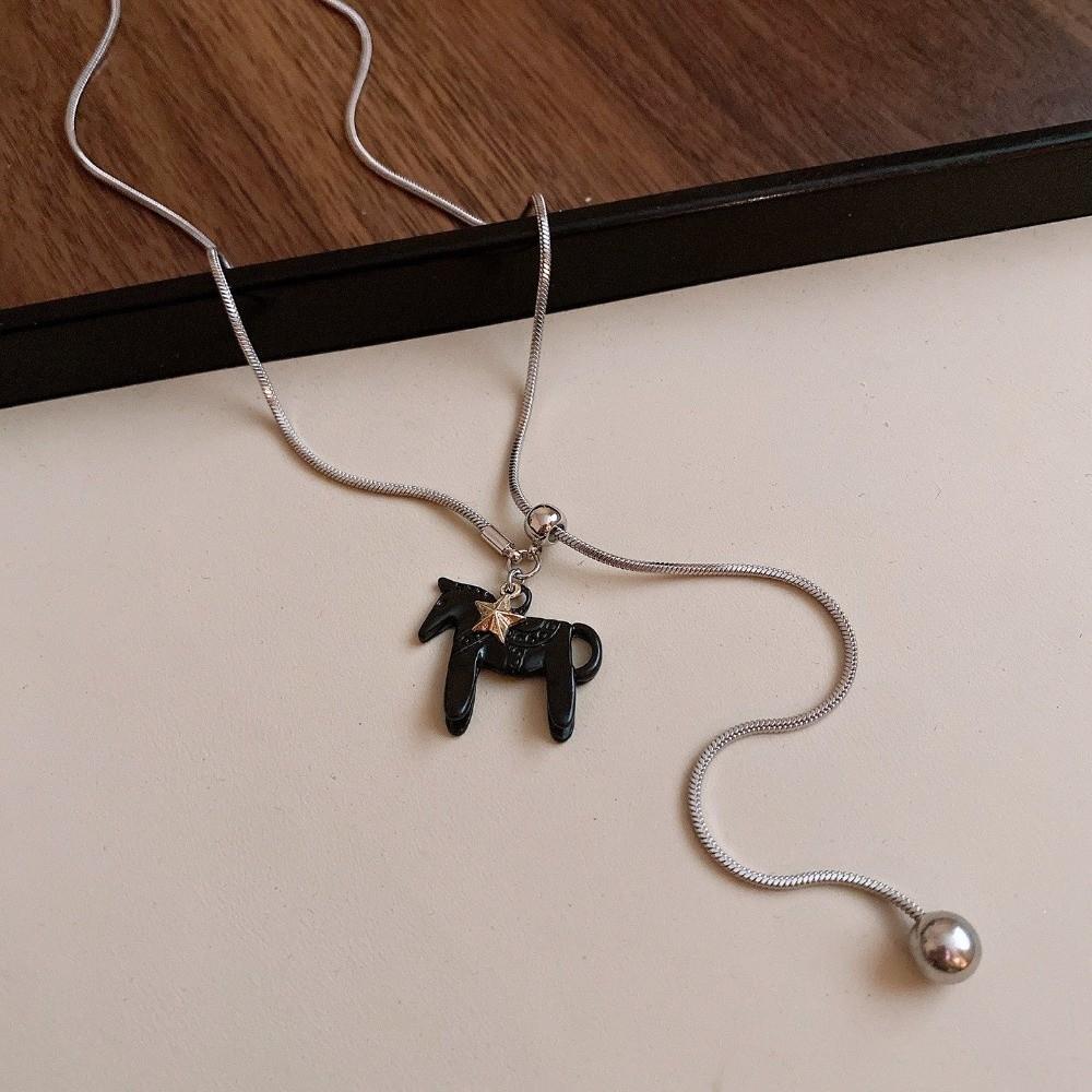 Long Horse Pendant Necklace Silver Plated Y Neck Chain Vintage Enamel Pendant Necklace  for Women