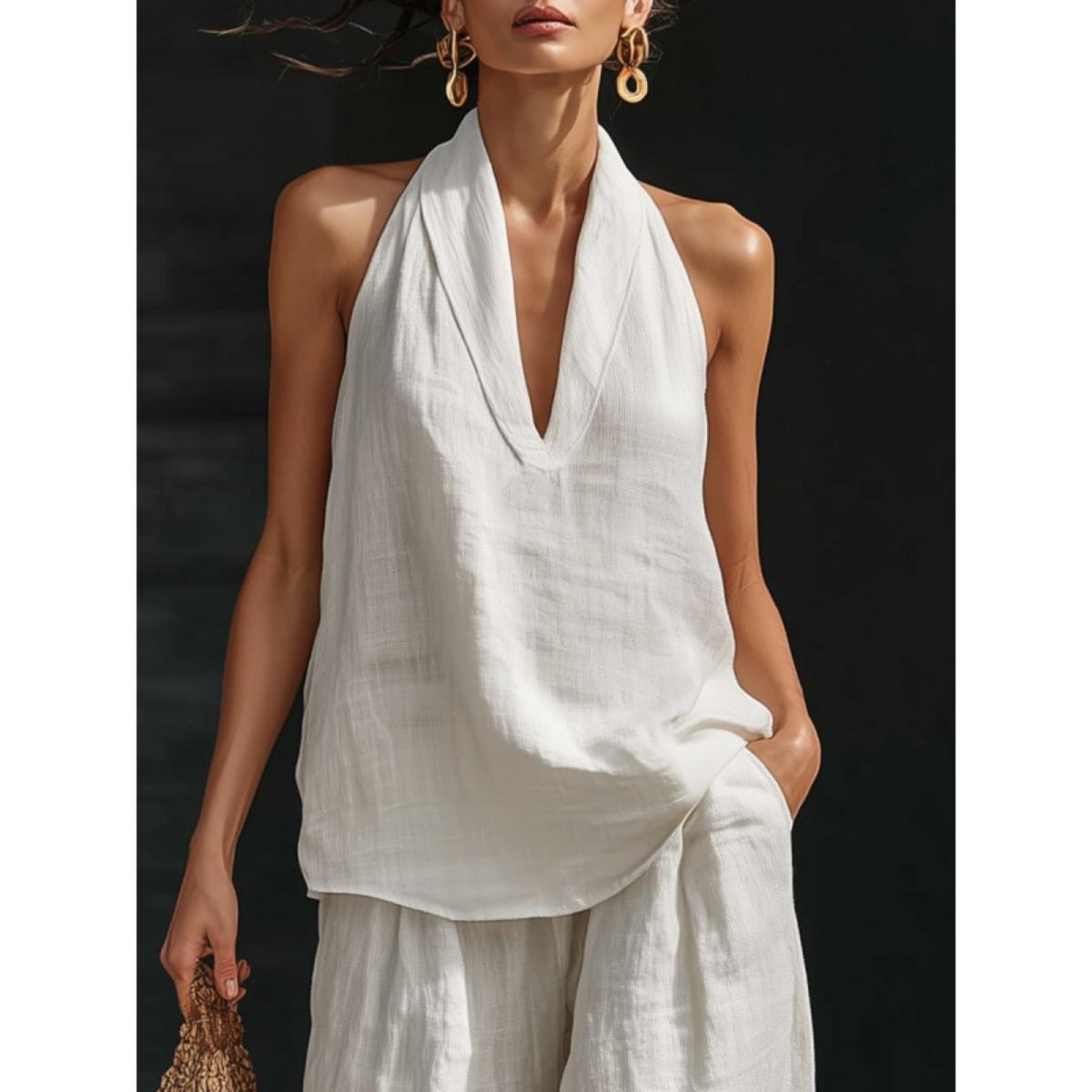 New Women s Halter V-neck Sleeveless Casual Two-piece Outfit S белый
