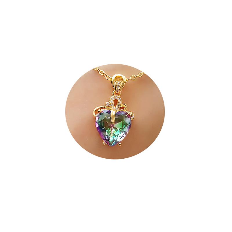 Heart-Shaped Gold Pendant Rainbow Necklace with Imitation Tourmaline - Valentine's Day Gift