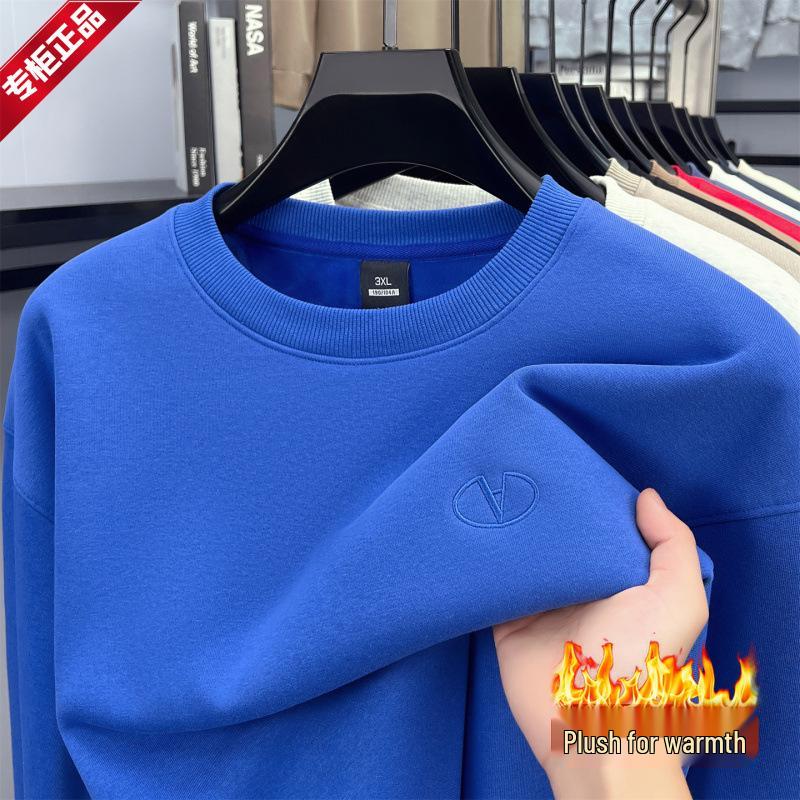 High-End Men's Royal Blue Embroidered Sweatshirt, Round Neck, Velvet-Lined for Autumn/Winter Warmth