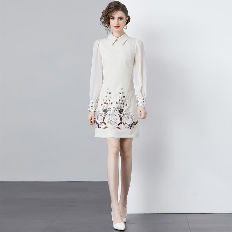 

Женское мини-платье с кукольным воротником, длинным рукавом, в стиле пэчворк, А-силуэта, с вышивкой, цветочным принтом, офисные миди-платья 2XL белый