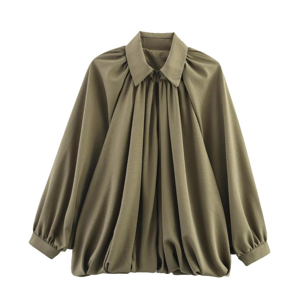 European and American Women's Loose Puff Sleeve Bomber Jacket with Turn-Down Collar