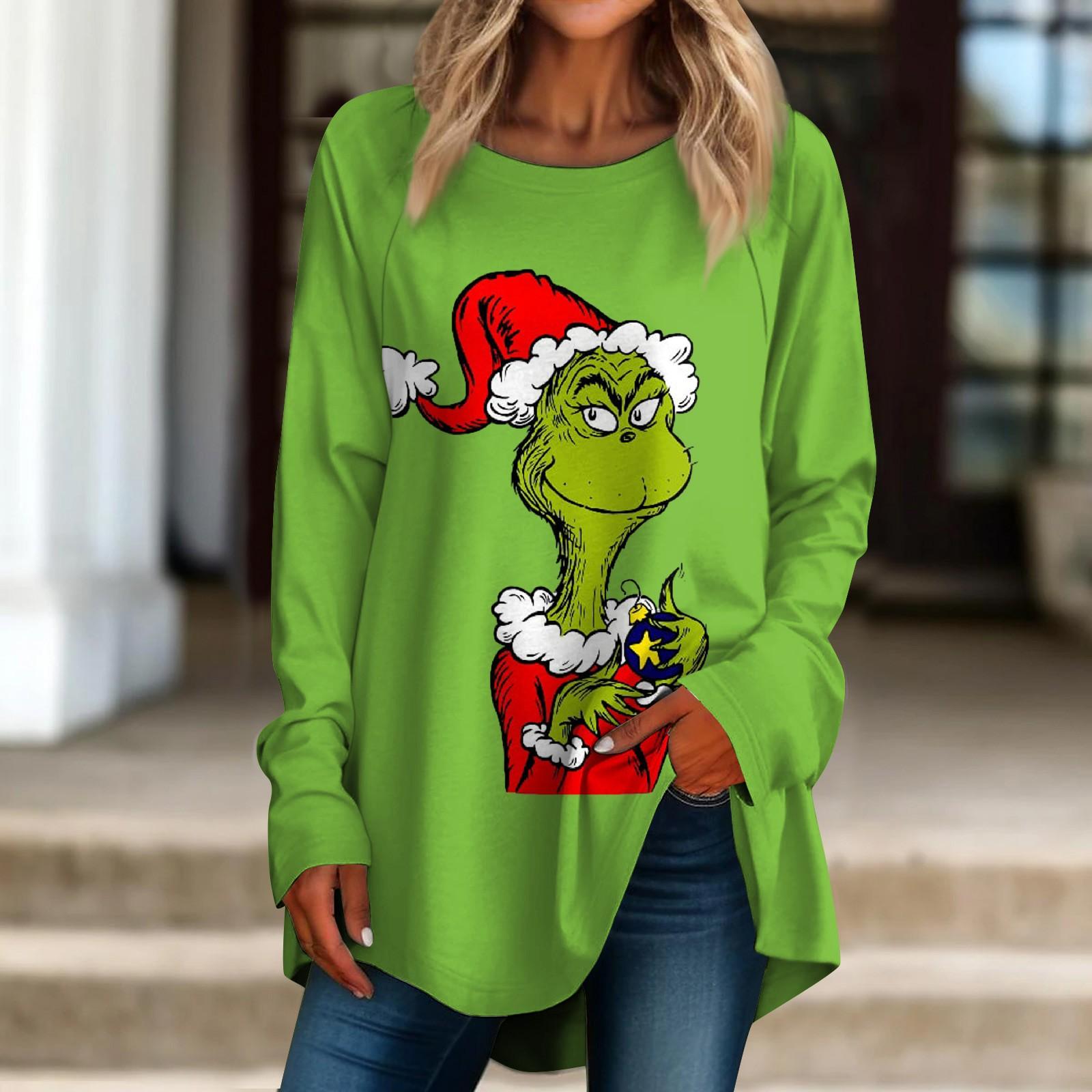 Women s Casual  Plus SizeLong Sleeved Round Neck Christmas  Printing T-shirt Top Pullover M