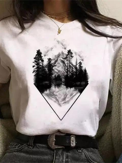 Maycaur Newest Funny Moon Print T Shirt Women White and Black Shirts Fashion Round Neck Short Sleeve T-Shirt Summer Tees Casual Top