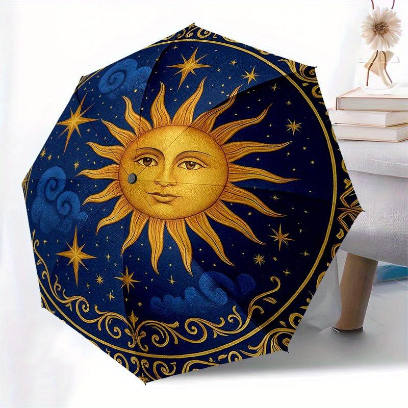 Golden Sun and Stars Circular Wall Art Decor Umbrella, Portable 3-Fold Compact Umbrella for Men & Women R133