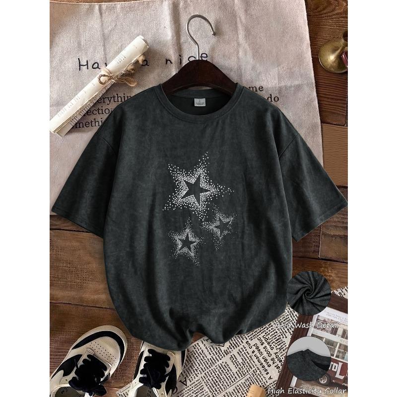 European sizes Men's T-Shirt - Sleeved T-Shirt with Five-Pointed Star Print, Loose And Crew Neck Top. Retro Washed Short-Sleeved T-Shirt