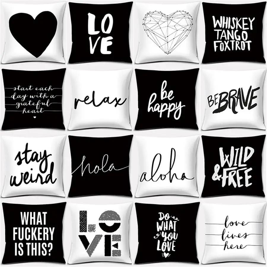 Black and White English Sentence Series Printed Square Home Decor Pillow Cover Car Sofa Cushion
