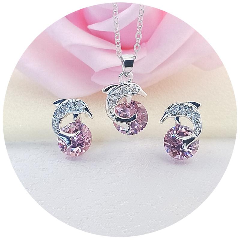 Minimally Designed Dolphin Necklace Earrings Zircon Jewelry Set European and American Fashion Two Piece Jewelry Set