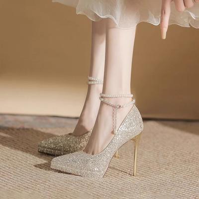 Thin Heel Shoes Women's Pointy Shallow Mouth Full Sequin Bead Set Foot Anti-slip Wear-resistant High Heels