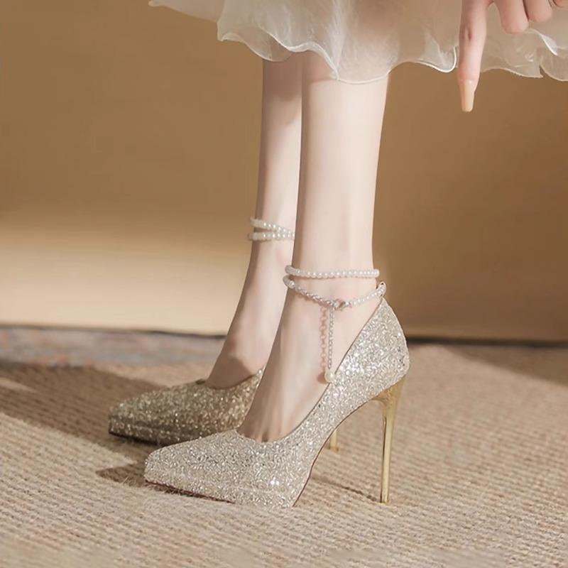 Thin Heel Shoes Women's Pointy Shallow Mouth Full Sequin Bead Set Foot Anti-slip Wear-resistant High Heels