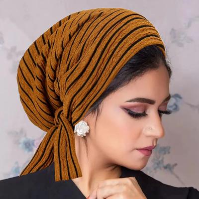 Trendiga Turbanmössor med Lång Hängande Band Hijab Muslimska Enfärgade Huvudbonader Elastisk Andningsbar Kemoterapihatt För Kvinnor Flickor