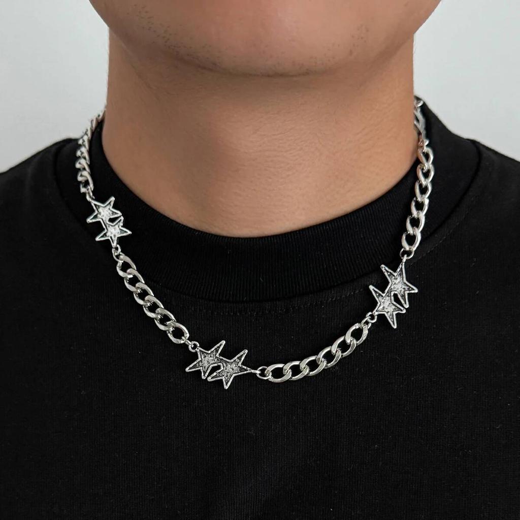 Salircon Colliers Punk Créatifs Étoile à Cinq Branches pour Hommes Argent Vintage Chaîne de Clavicule Réglable Bijoux Tendance Rue