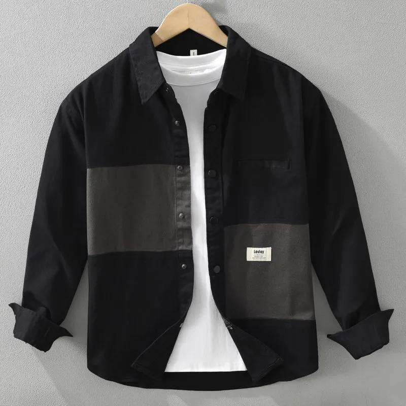 

Japanese Splicing Contrast Color Long-sleeved Shirt Men s Thin 2026 Spring Autumn New Workwear Casual Jacket T-Shirts XXXL чорний