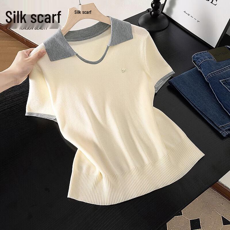 

Женский вязаный топ с цветовыми блоками, лацканами и коротким рукавом из смесовой шерсти One Size