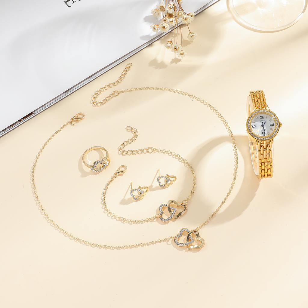 Ladies classic round diamond dial steel strap quartz watch; heart to heart bracelet necklace earrings rings fashion versatile.