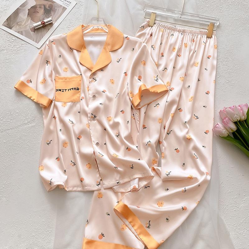 Simple And High-End Ice Silk Girl Pajamas Summer Comfortable Short-Sleeved Trousers Loungewear Set
