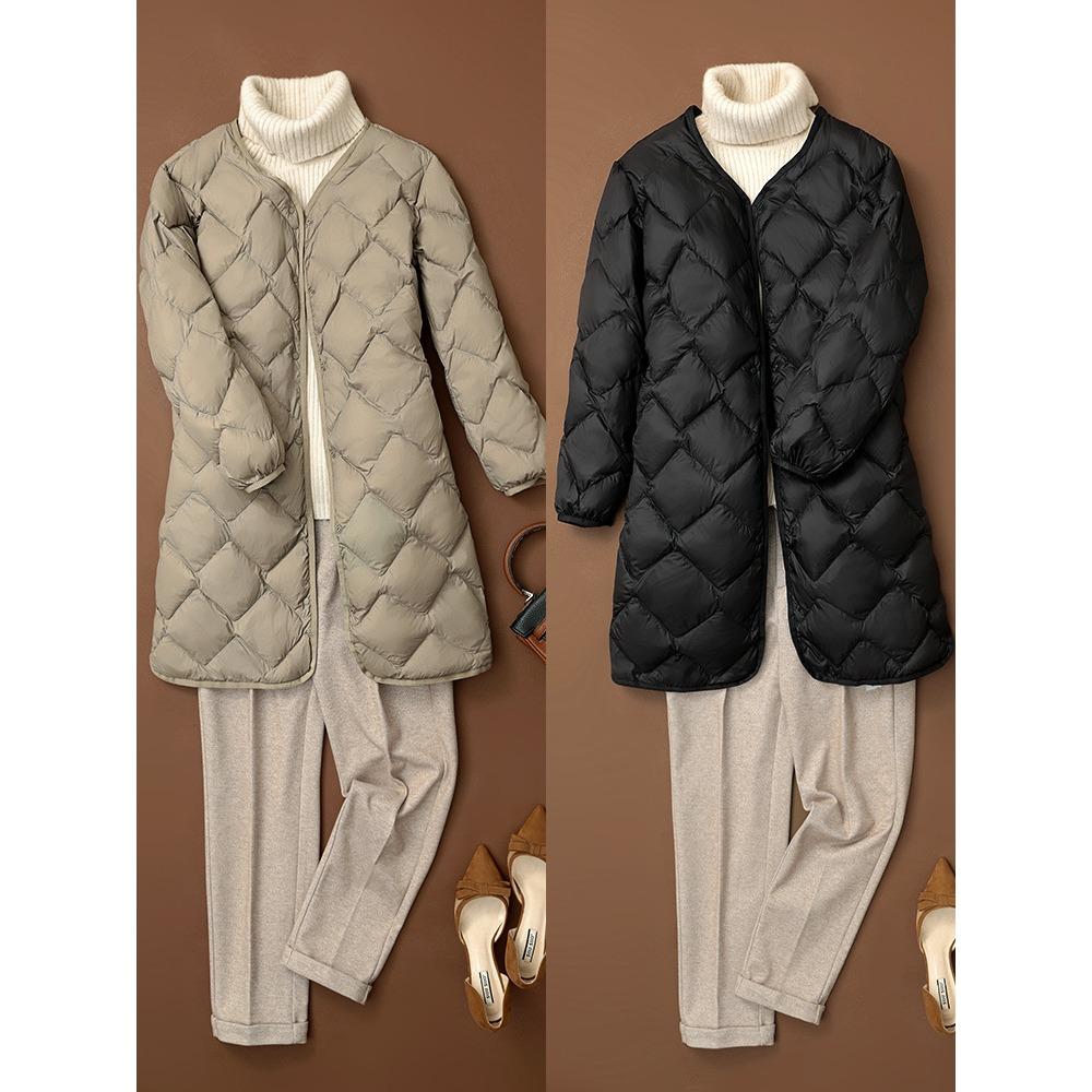 Damen Ultraleichte Weiße Entendaunen Lange Jacke Argyle V-Ausschnitt Kragen Lässig Herbst Winter Oberbekleidung Mantel