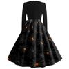 Women Casual Halloween Dress Long Sleeve Square Neck Vintage Style Fit Flare Dress with Spider Web Print and Waist Tie Belt