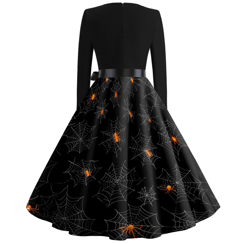 Women Casual Halloween Dress Long Sleeve Square Neck Vintage Style Fit Flare Dress with Spider Web Print and Waist Tie Belt