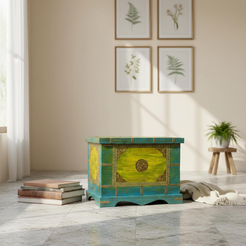 Wooden Painted Brass Trunk Storage Box-Wooden Storage Chest with Brass Accents Unique Bohemian Trunk Box-Drum Chest Home Decor Furniture