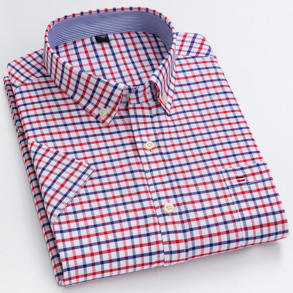 Herren 100% Baumwolle Mehrfarbig Kariert Oxford Hemden Kurzarm Regular Fit Kragen Freizeit Button-Down-Hemd mit Tasche