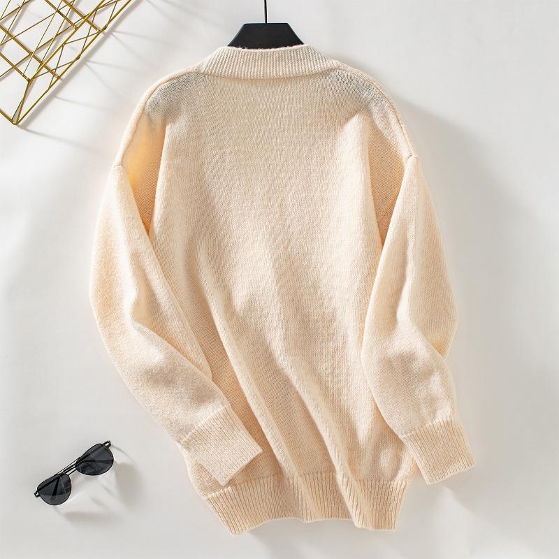 Women European Style Solid Color Single Breasted Thick V Neck Long Sleeve Knit Cardigan Sweater Coat