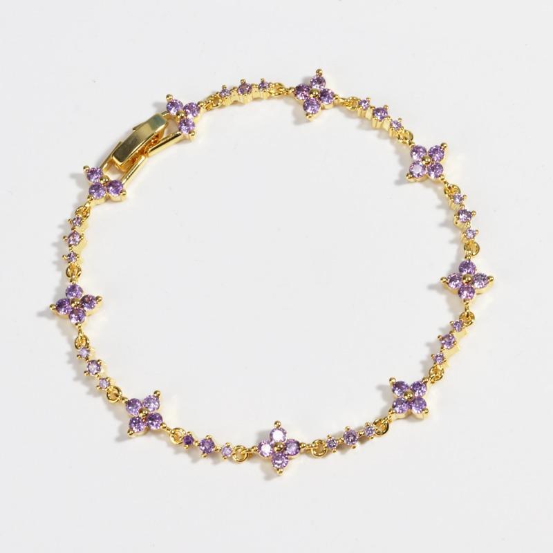 

Gold Plated Amethyst CZ Four-Leaf Clover Tennis Bracelet – Luxury Purple Jewelry, Sparkle Gift for Women золотий
