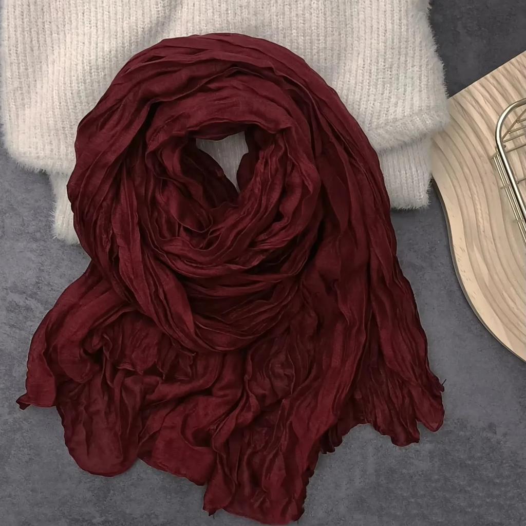 Solid Color Cotton Linen Scarf Retro Autumn Winter New Pleated Green Thin Strip Shawl Men'S Women'S Thermal Silk
