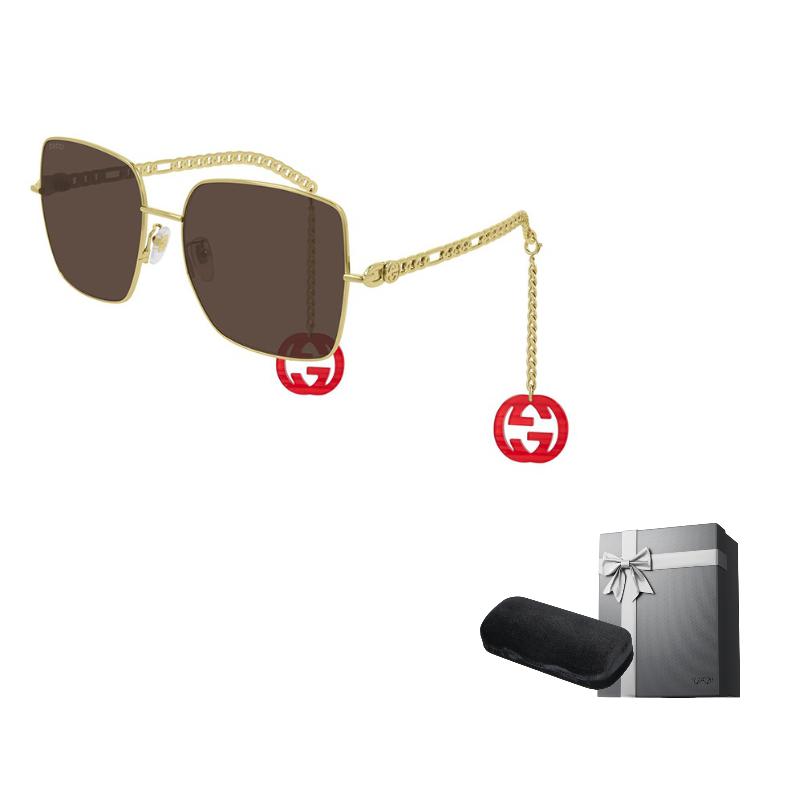 GUCCI Red Pendant Gold Frame Square Frame Sunglasses Red Men's Alloy Round Sunglasses Men's