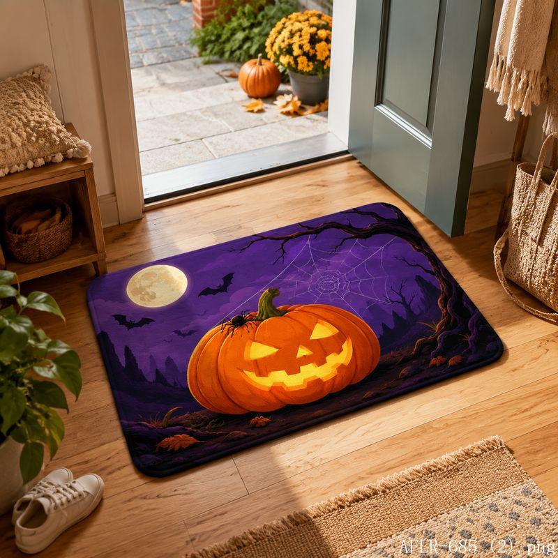 Halloween Pumpkin Spider Skeleton Bat Door Mat Gothic Non-Slip Entry Rug Spooky Floor Carpet Decor