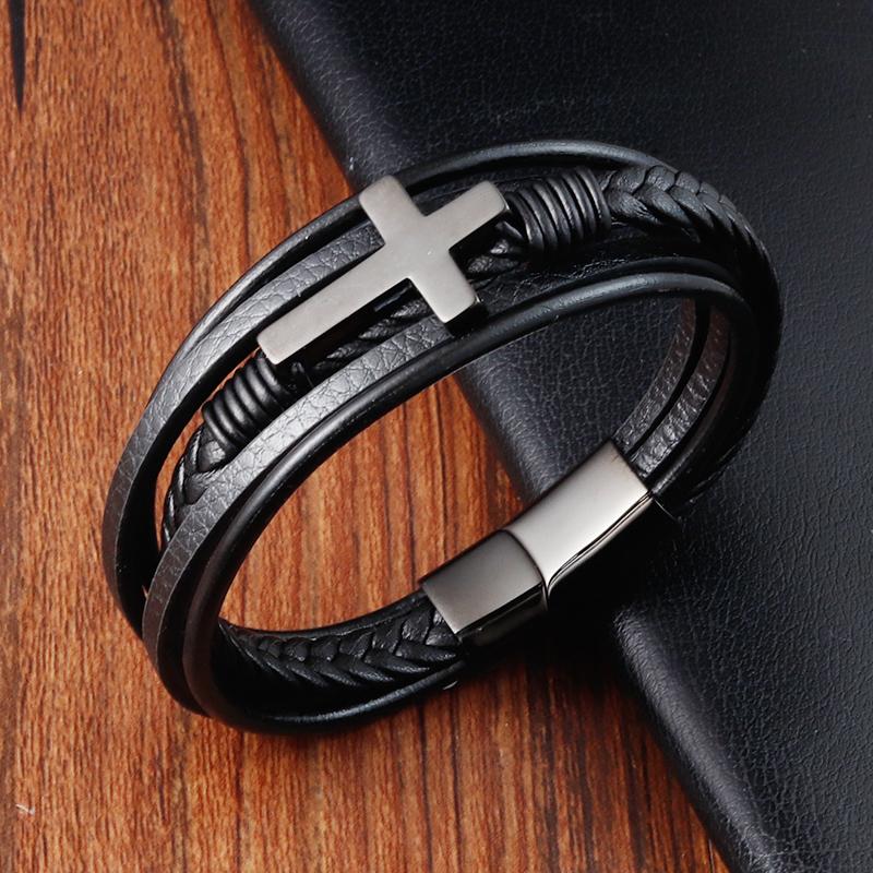 

Cross Style Multi Layer Design Stainless Steel Fashion Men s Leather Bracelet Classic Gift For Men 2 Different Styles Choose 19cm