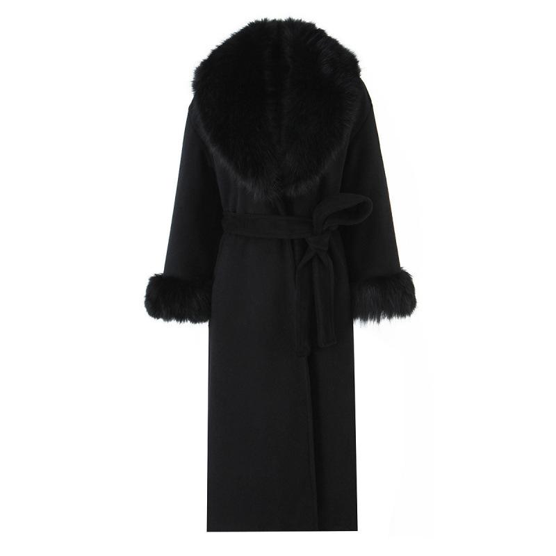 European & American Women s Fashion: Casual Black Woolen Coat with Fur Collar & Belt, Long Jacket. Medium