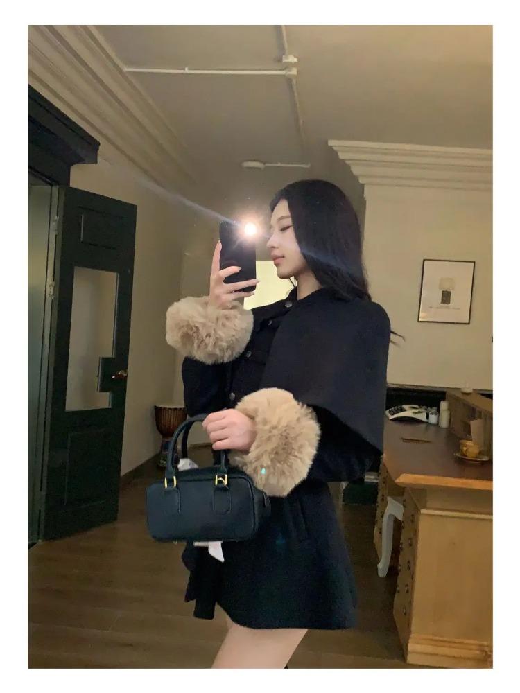 2025 Winter Französisch Vintage Elegant Wollmantel Frau Schwarz Schick Schal Umhang + Retro Locker Trenchcoat Damen Bandage Korea Modedesign Outfits