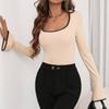 Women Causal Square Collar Flared Sleeve Elastic Bodysuit Autumn Sexy Slim Fit Contrasting Color Splicing Jumpsuit