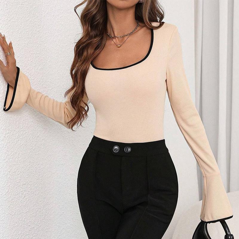 Women Causal Square Collar Flared Sleeve Elastic Bodysuit Autumn Sexy Slim Fit Contrasting Color Splicing Jumpsuit