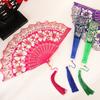 Chinese Style Flower Folding Fan with Faux Pearl Tassel Portable Plastic Ribs Hand Fan Women Dance Performance Props Party Favors