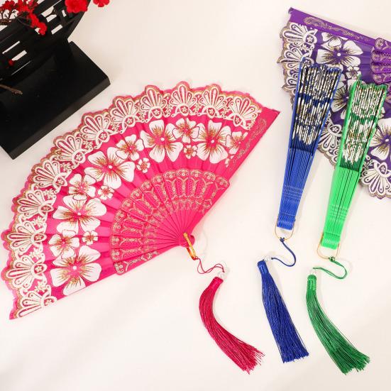 Chinese Style Flower Folding Fan with Faux Pearl Tassel Portable Plastic Ribs Hand Fan Women Dance Performance Props Party Favors