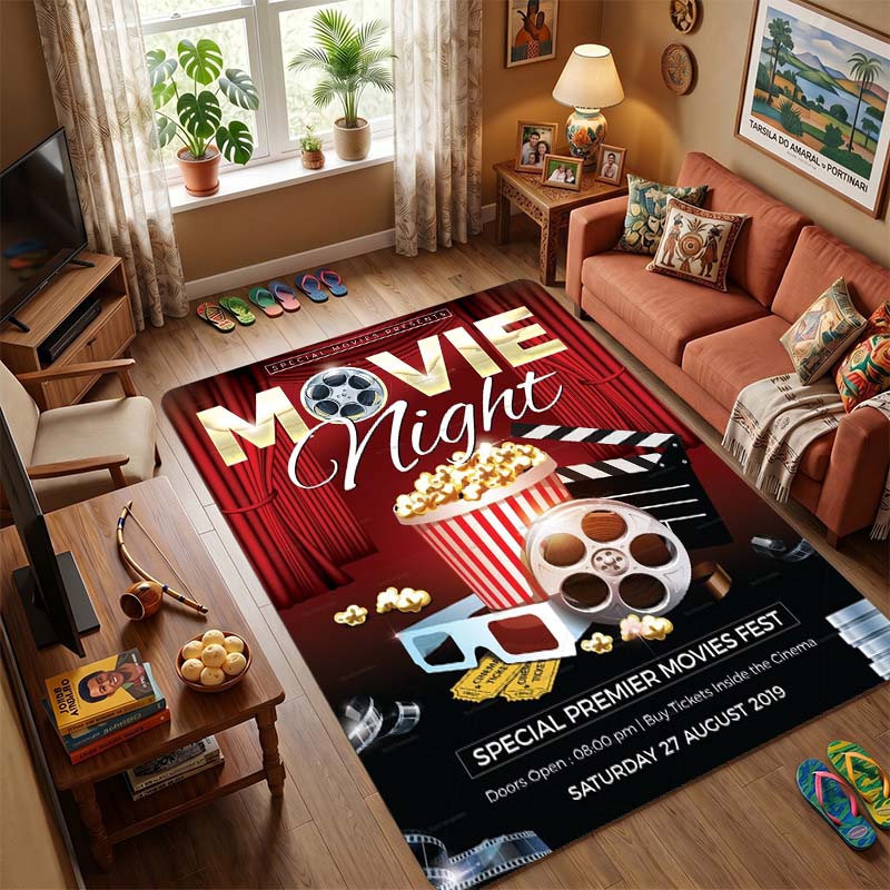 Movies and Food Trending Culture Living Room Rug, Bedroom Rug, Bedside Rug,Machine Washable and Foldable for Storage