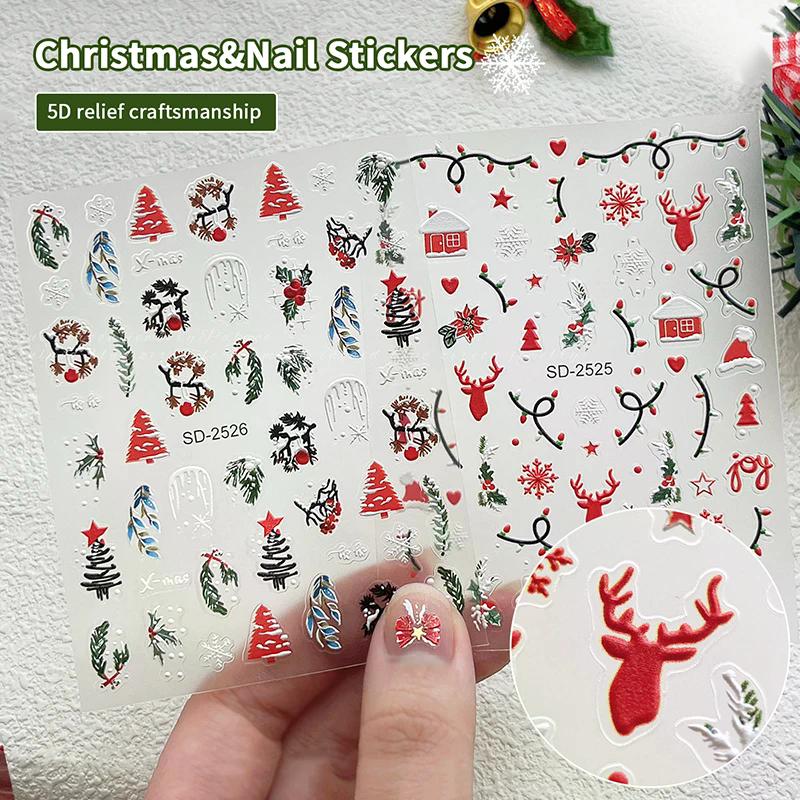 5D Geprägte Weihnachts-Nagelsticker - Baum Schneeflocke Elch Schneemann Decals, Herbst Winter Maniküre Zubehör für DIY Salon Zuhause