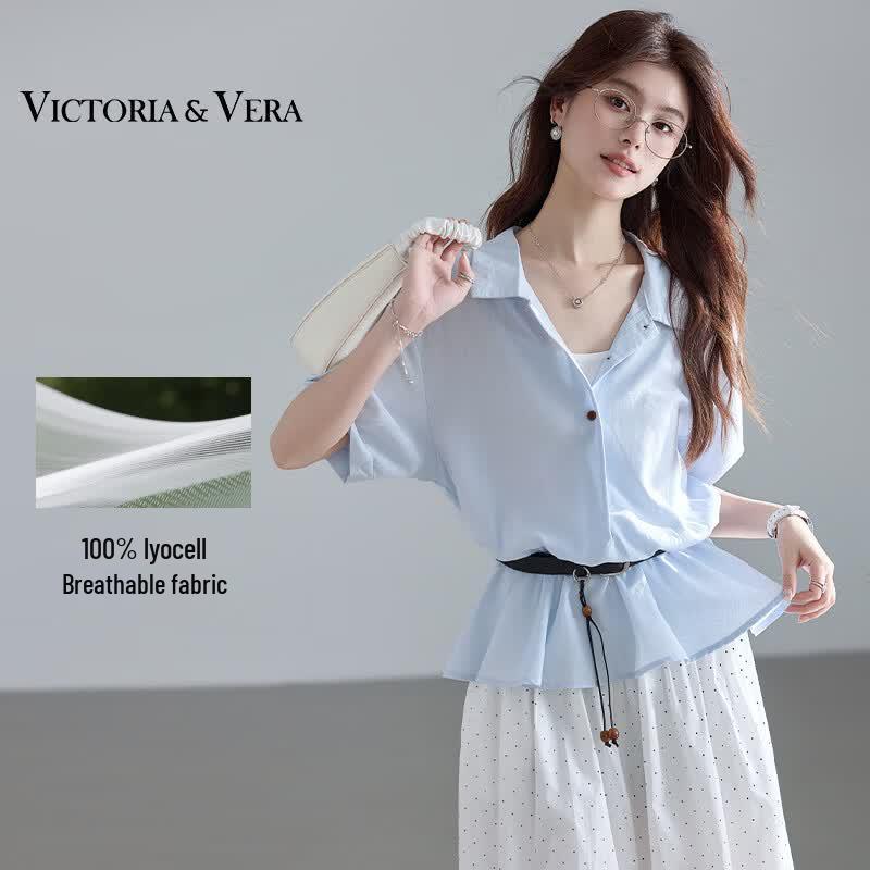 VICTORIA&VERA Lyocell Waist-Cinching Short Sleeve Shirt M
