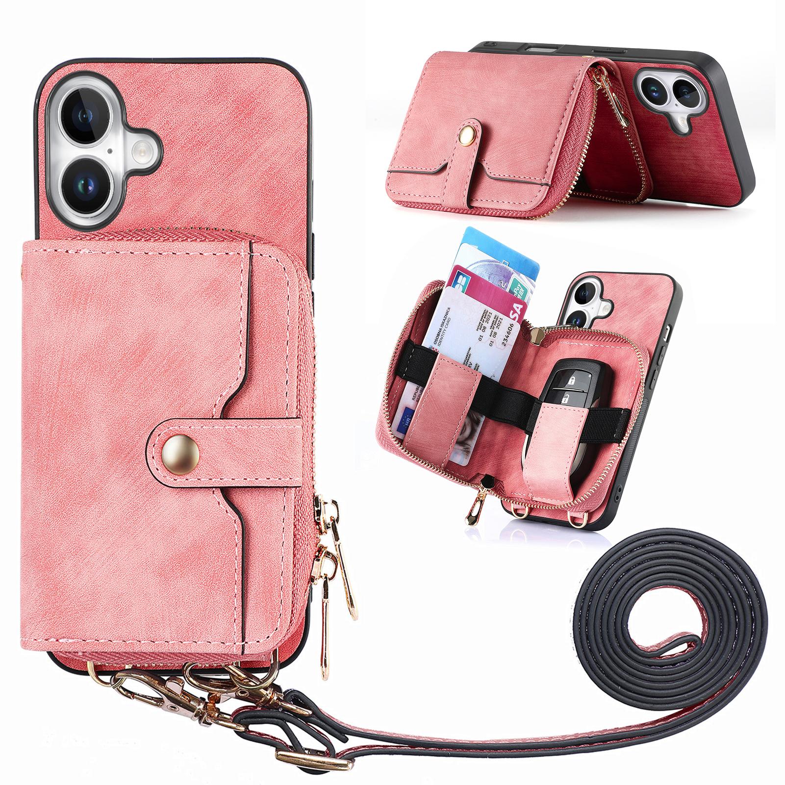 

For iPhone 16 Case Zipper Card Holder PU Leather Phone Back Cover with Long Strap Pink